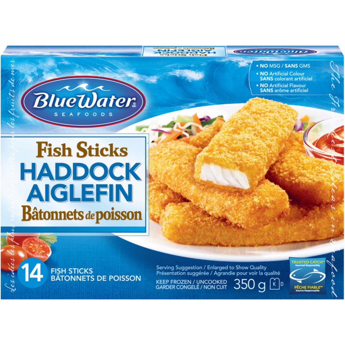 BlueWater Seafoods Breaded Fish Sticks, Wild Caught Haddock, Frozen, 14 Count, 350 g Package / Bâtonnets de poisson panés BlueWater Seafoods, Aiglefin sauvage, Congelé, 14 morceaux, Emballage de 350 g