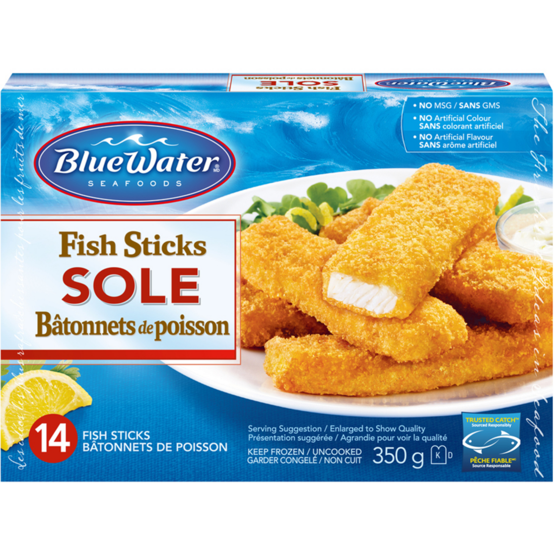 Bâtonnets de poisson panés BlueWater Seafoods coupés à partir de filets 100 % entiers, sole sauvage, surgelés, 14 unités, emballage de 350 g