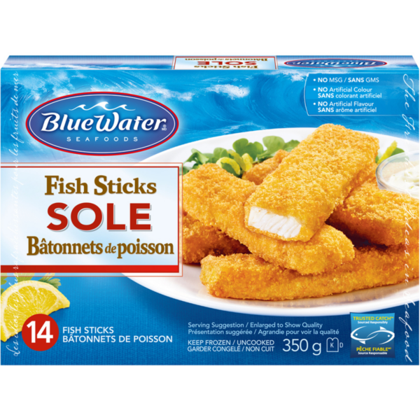 Bâtonnets de poisson panés BlueWater Seafoods coupés à partir de filets 100 % entiers, sole sauvage, surgelés, 14 unités, emballage de 350 g