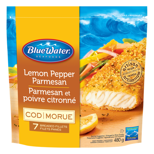 BlueWater Seafoods Lemon Pepper Parmesan Cod, Wild Caught Cod, Frozen, 7 Count, 480 g Resealable Bag / Morue au parmesan et poivre citronné BlueWater Seafoods, Morue sauvage, Congelé, 7 morceaux, Sac refermable de 480 g