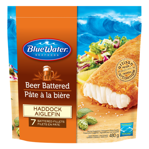 BlueWater Seafoods Beer Battered Haddock, Wild Caught Haddock, Frozen, 7 Count, 480 g Resealable Bag / Aiglefin en pâte à la bière BlueWater Seafoods, Aiglefin sauvage, Congelé, 7 morceaux, Sac refermable de 480 g