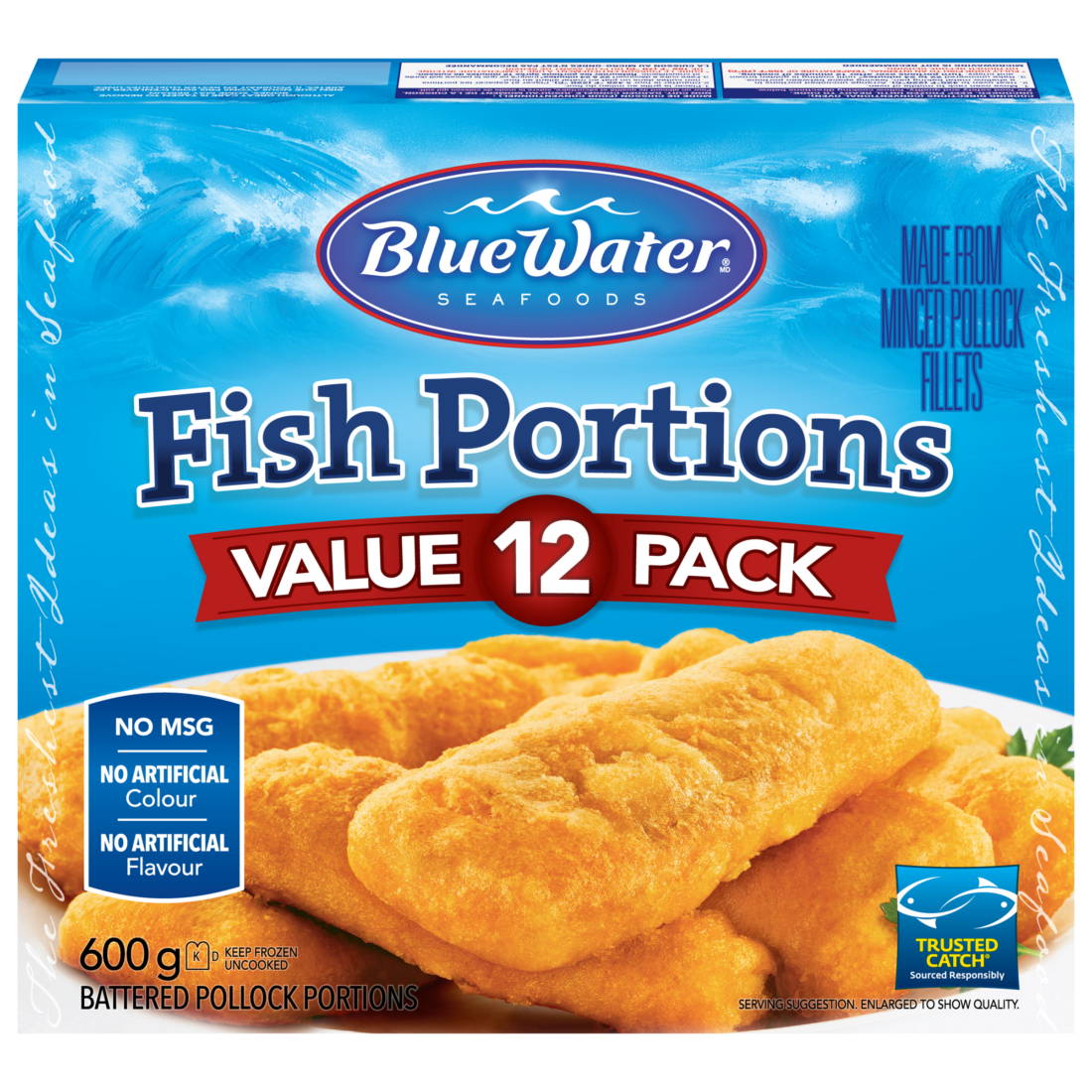 BlueWater Seafoods Battered Fish Portions, Real Fish, Frozen, 12 Count, 600 g Package