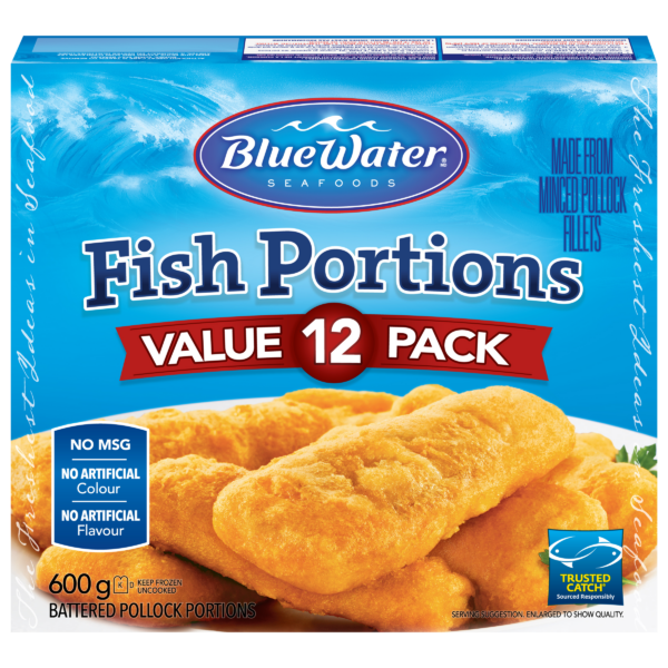 BlueWater Seafoods Battered Fish Portions, Real Fish, Frozen, 12 Count, 600 g Package