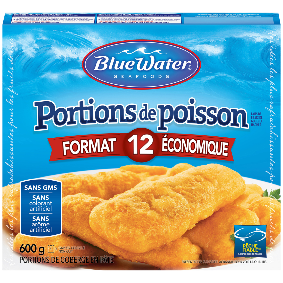 BlueWater Seafoods Portions de poisson battues, vrai poisson, congelé, 12 unités, paquet de 600 g