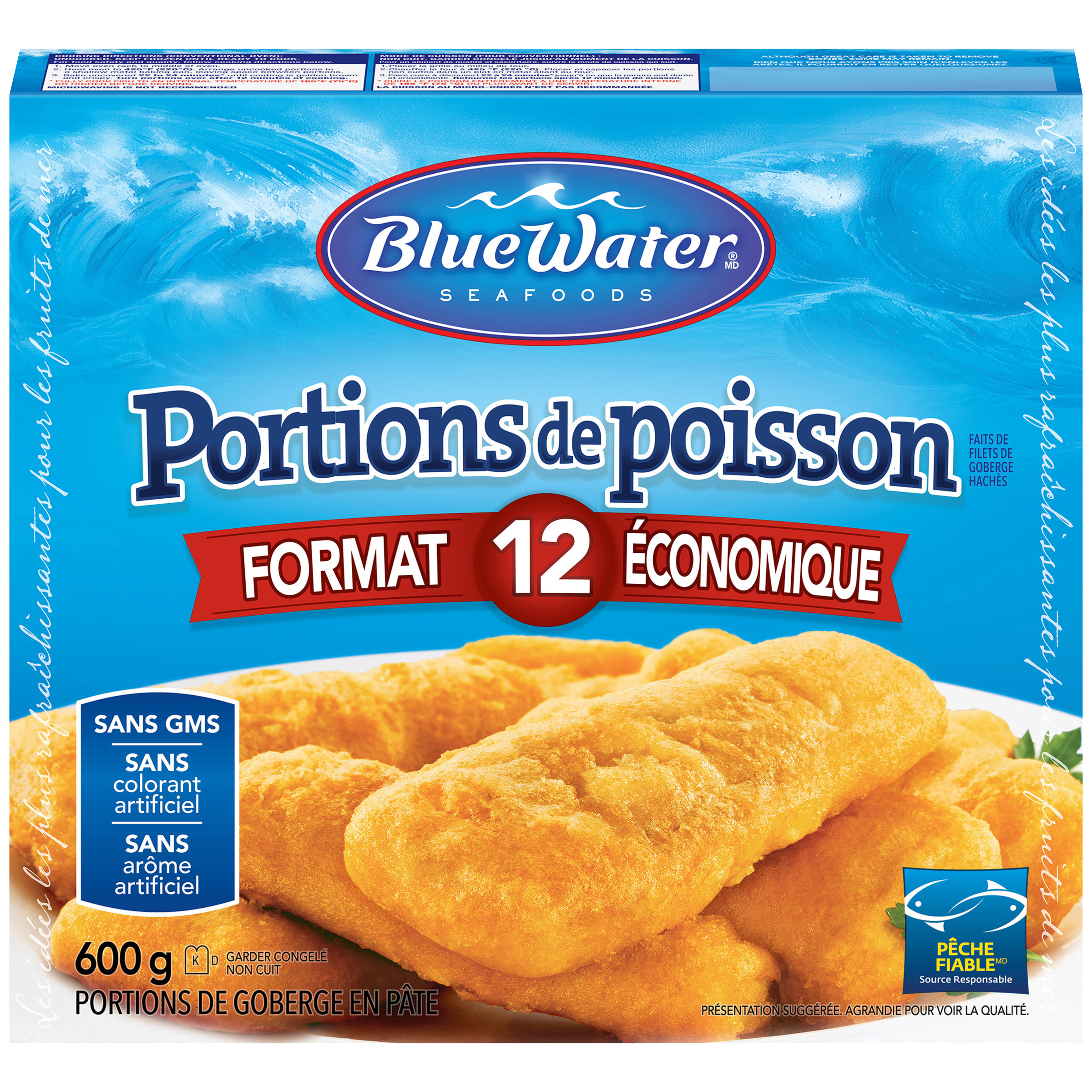 BlueWater Seafoods Portions de poisson battues, vrai poisson, congelé, 12 unités, paquet de 600 g