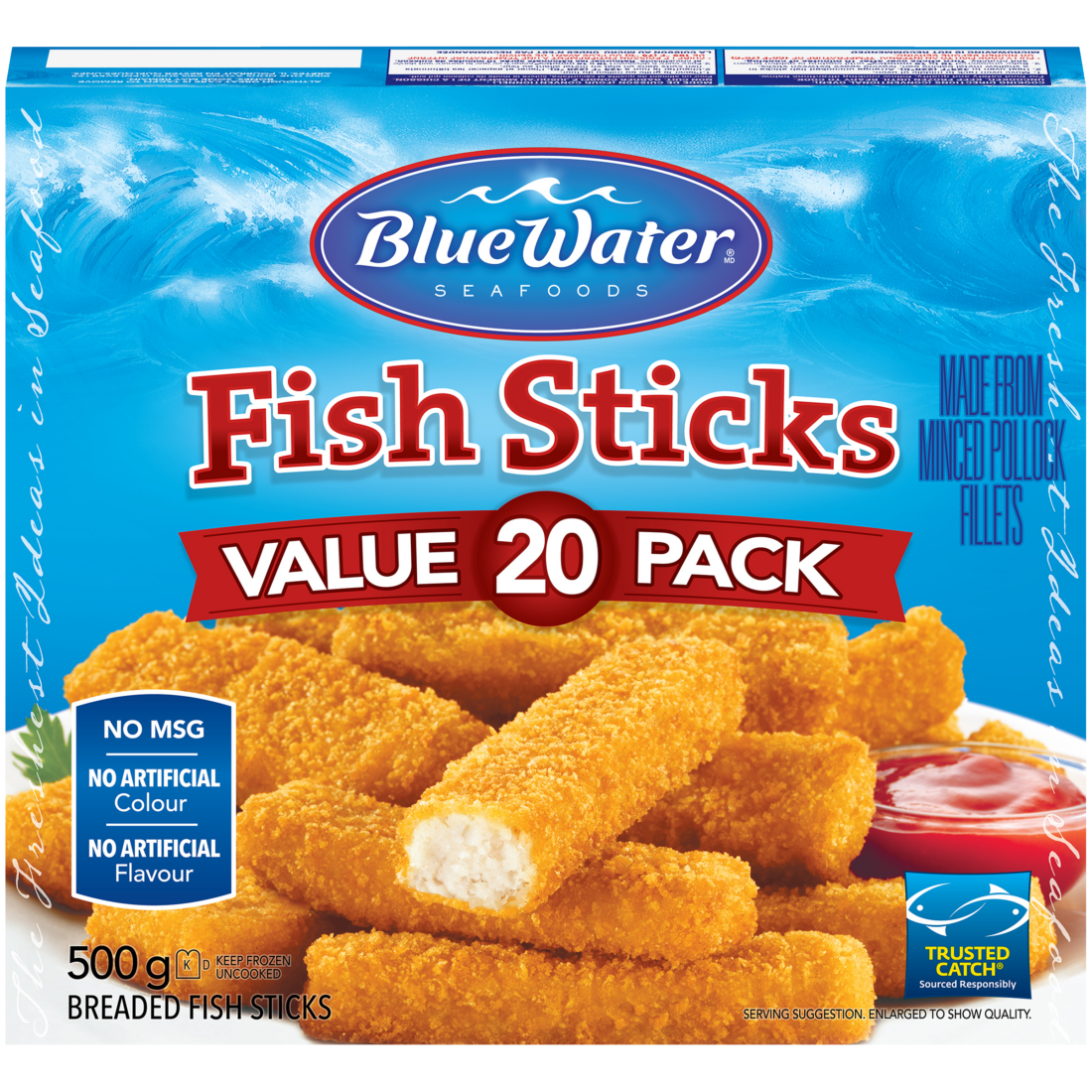 BlueWater Seafoods Breaded Fish Sticks Cut from Real Fish, Wild Caught Fish with Crunchy Panko Breadcrumbs, Frozen, 20 Count, 500 g Package