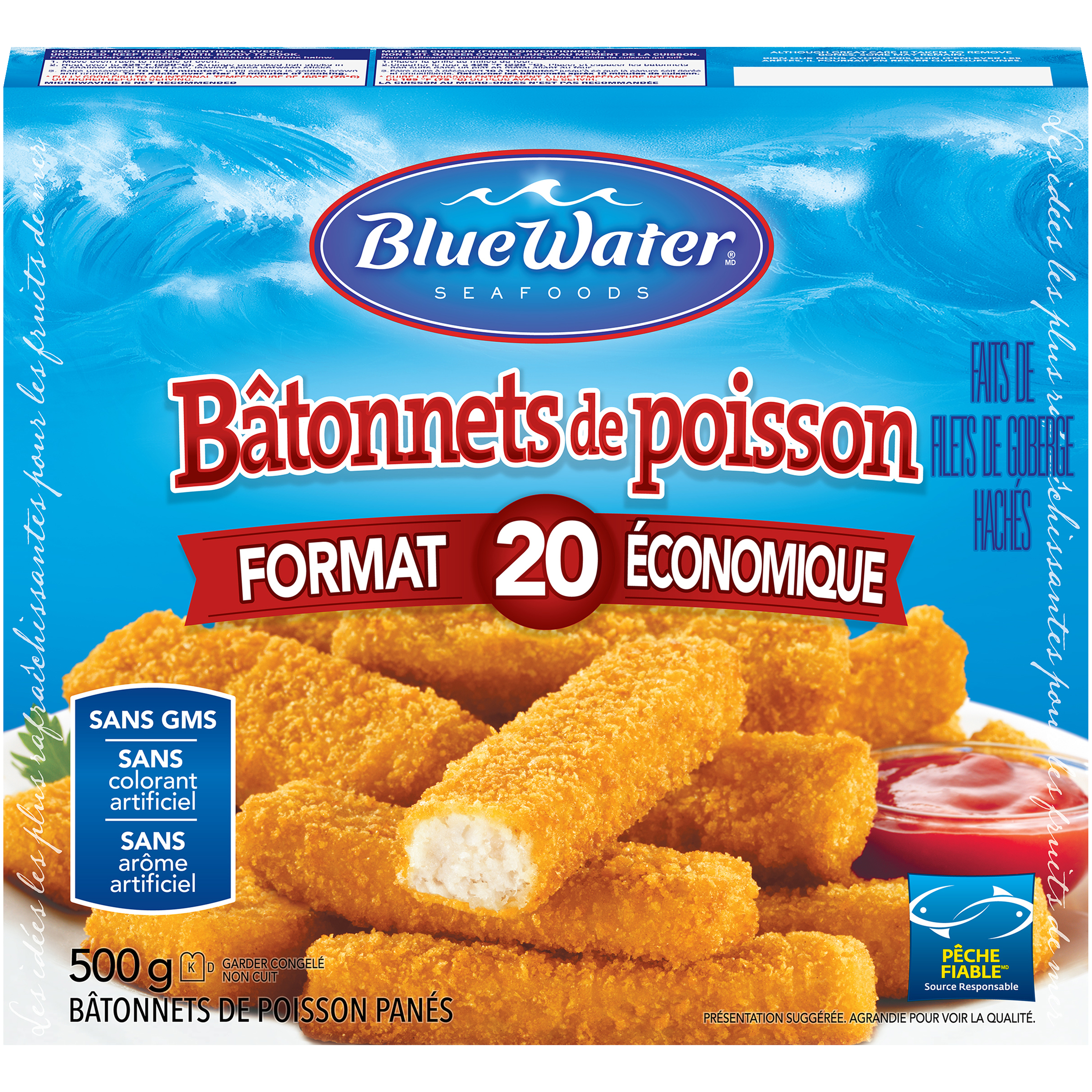 BlueWater Seafoods Bâtonnets de poisson panés coupés à partir de vrais poissons, poissons sauvages avec chapelure panko croustillante, surgelés, 20 unités, paquet de 500 g