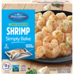 BlueWater Seafoods Simply Bake Classic Shrimp Scampi with Garlic, Butter, and Parmesan Cheese, 100% Whole, Tail-Off Shrimp, Frozen, 210 g Package / Crevettes Simple-à-cuire classiques ail et herbes BlueWater Seafoods avec ail, beurre, et fromage Parmesan, Entières à 100%, crevettes décortiquées, Congelé, Emballage de 210 g