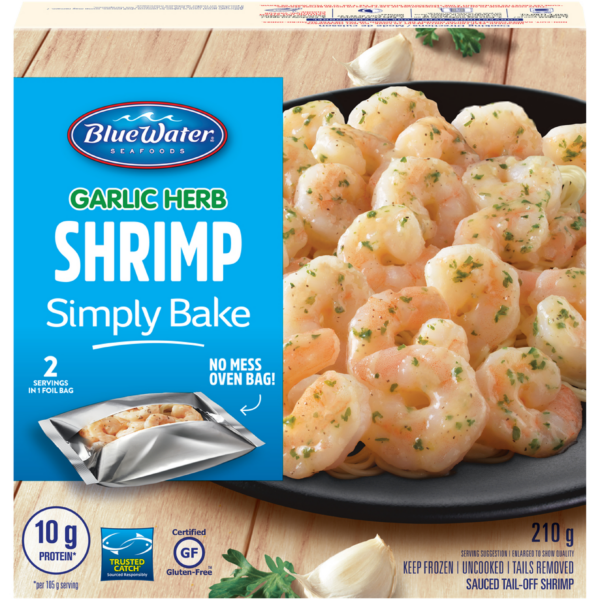 BlueWater Seafoods Simply Bake Classic Shrimp Scampi with Garlic, Butter, and Parmesan Cheese, 100% Whole, Tail-Off Shrimp, Frozen, 210 g Package / Crevettes Simple-à-cuire classiques ail et herbes BlueWater Seafoods avec ail, beurre, et fromage Parmesan, Entières à 100%, crevettes décortiquées, Congelé, Emballage de 210 g