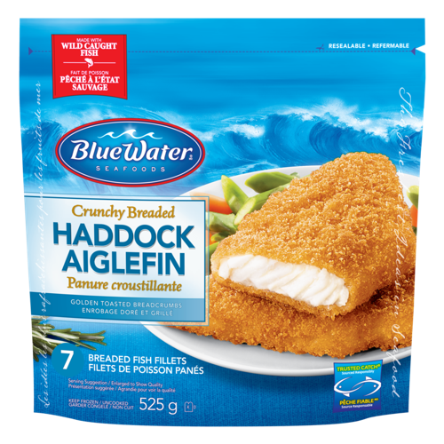 BlueWater Seafoods Crunchy Breaded Haddock, Wild Caught Haddock, Frozen, 7 Count, 525 g Resealable Bag / Aiglefin pané croustillant BlueWater Seafoods, Aiglefin sauvage, Congelé, 7 morceaux, Sac refermable de 525 g