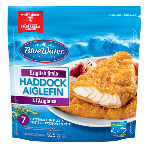 BlueWater Seafoods English Style Haddock, Wild Caught Haddock, Frozen, 7 Count, 525 g Resealable Bag / Aiglefin à l'Anglaise BlueWater Seafoods, Aiglefin sauvage, Congelé, 7 morceaux, Sac refermable de 525 g