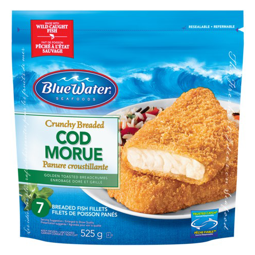 BlueWater Seafoods Crunchy Breaded Fish Fillets, Wild Caught Cod with Crunchy Panko Breadcrumbs, Frozen, 7 Count, 525 g Resealable Bag / Filets de poisson croustillants BlueWater Seafoods, Morue sauvage avec chapelure Panko croustillante, Congelé, 7 morceaux, Sac refermable de 525 g