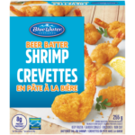 BlueWater Seafoods Beer Battered 100% Whole Shrimp, Battered Tail-On Shrimp, Frozen, 255 g Package / Crevettes en pâte à la bière BlueWater Seafoods, Crevettes entières à 100%, Crevettes avec queues en pâte, Congelé, Emballage de 255 g