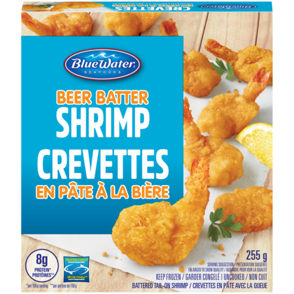 BlueWater Seafoods Beer Battered 100% Whole Shrimp, Battered Tail-On Shrimp, Frozen, 255 g Package / Crevettes en pâte à la bière BlueWater Seafoods, Crevettes entières à 100%, Crevettes avec queues en pâte, Congelé, Emballage de 255 g