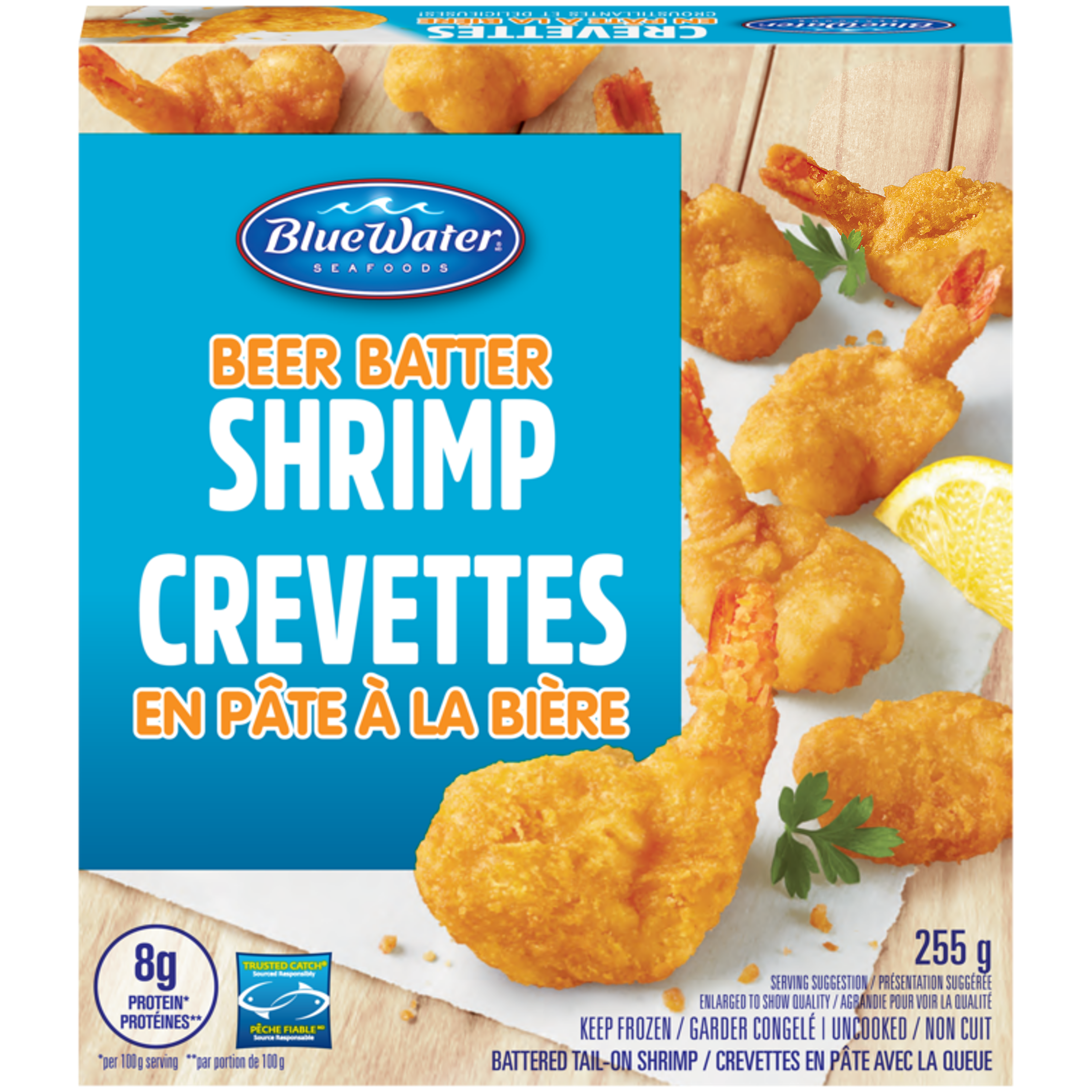 BlueWater Seafoods Beer Battered 100% Whole Shrimp, Battered Tail-On Shrimp, Frozen, 255 g Package / Crevettes en pâte à la bière BlueWater Seafoods, Crevettes entières à 100%, Crevettes avec queues en pâte, Congelé, Emballage de 255 g