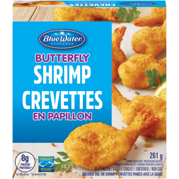 BlueWater Seafoods Butterfly Shrimp 100% Whole Shrimp, Breaded with Crunchy Panko Breadcrumbs, Frozen, 261 g Package / Crevettes papillon BlueWater Seafoods, Crevettes entières à 100%, Panées avec une chapelure Panko croustillante, Congelé, Emballage de 261 g