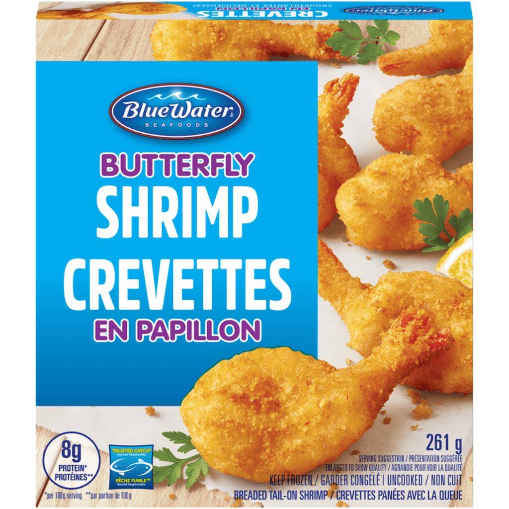 BlueWater Seafoods Butterfly Shrimp 100% Whole Shrimp, Breaded with Crunchy Panko Breadcrumbs, Frozen, 261 g Package / Crevettes papillon BlueWater Seafoods, Crevettes entières à 100%, Panées avec une chapelure Panko croustillante, Congelé, Emballage de 261 g