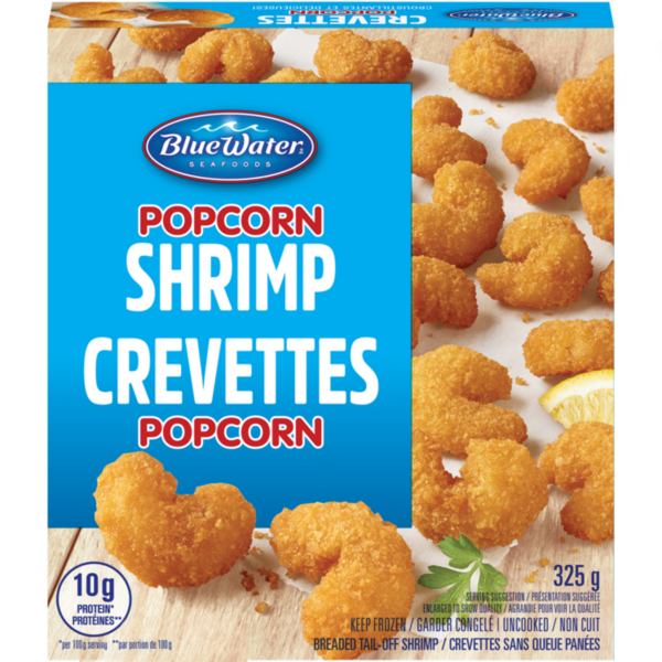 BlueWater Seafoods Popcorn Shrimp 100% Whole, Tail-Off Shrimp, Breaded with Crunchy Panko Breadcrumbs, Frozen, 325 g Package / Crevettes popcorn BlueWater Seafoods Panées avec une chapelure Panko croustillante, Congelé, Emballage de 325 g