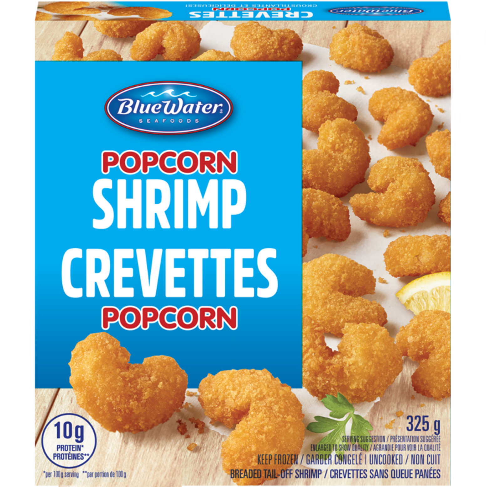 BlueWater Seafoods Popcorn Shrimp 100% Whole, Tail-Off Shrimp, Breaded with Crunchy Panko Breadcrumbs, Frozen, 325 g Package / Crevettes popcorn BlueWater Seafoods Panées avec une chapelure Panko croustillante, Congelé, Emballage de 325 g