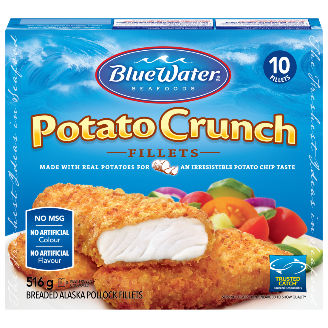 BlueWater Seafoods Potato Crunch Fish, Wild Caught Pollock, Frozen, 10 Count, 516 g Package