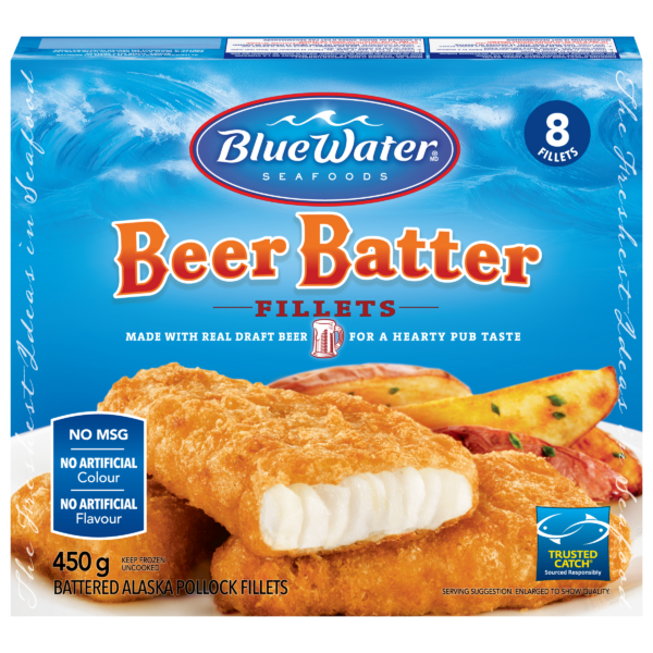 BlueWater Seafoods Beer Battered Fish, Wild Caught Pollock, Frozen, 8 Count, 450 g Package