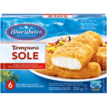 BlueWater Seafoods Tempura Sole Fish Fillets, Wild Caught Sole, Frozen, 6 Count, 350 g Package / Filets de sole Tempura BlueWater Seafoods, Sole sauvage, Congelé, 6 morceaux, Emballage de 350 g