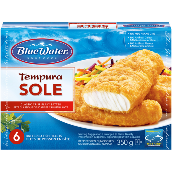 BlueWater Seafoods Tempura Sole Fish Fillets, Wild Caught Sole, Frozen, 6 Count, 350 g Package / Filets de sole Tempura BlueWater Seafoods, Sole sauvage, Congelé, 6 morceaux, Emballage de 350 g