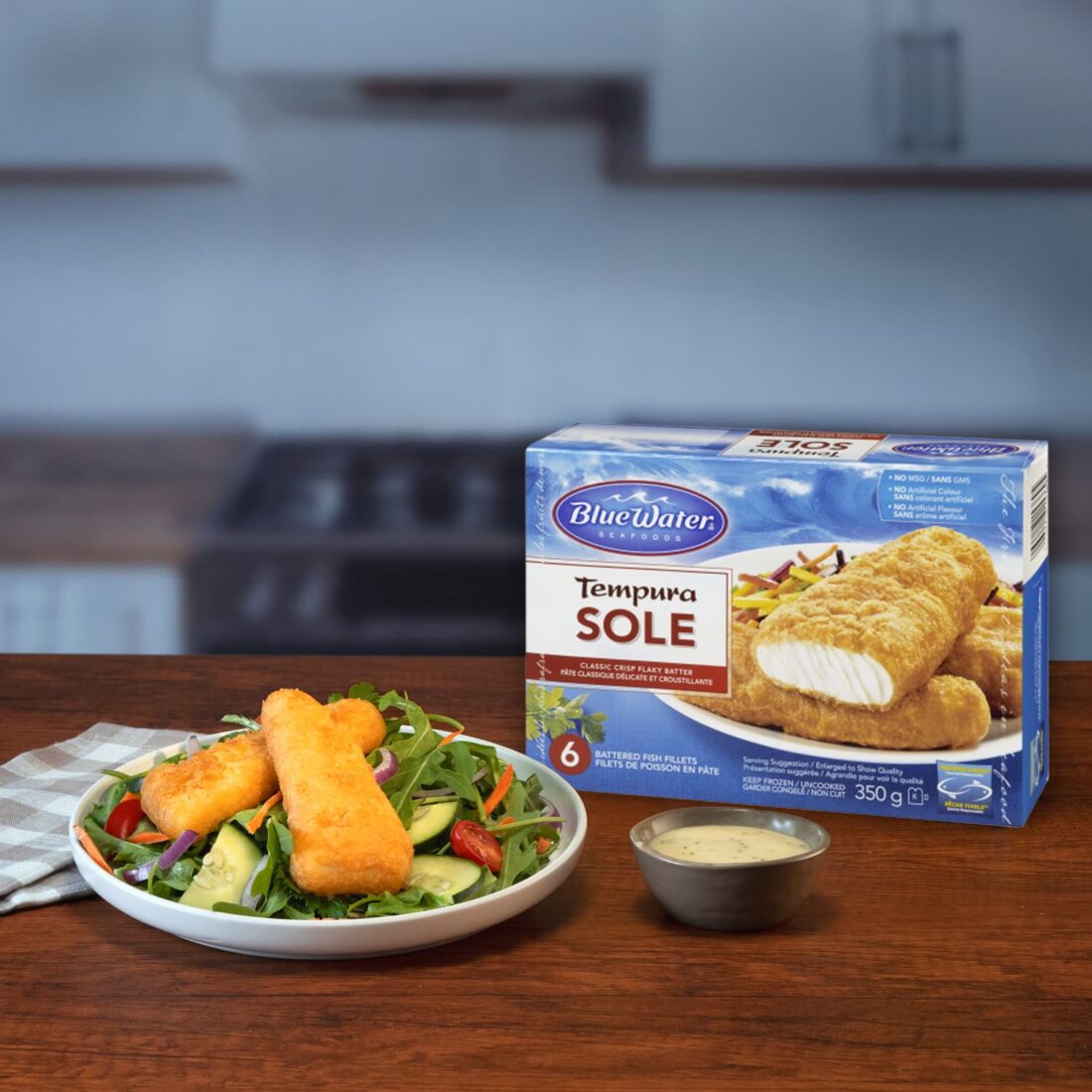 Plate of Sole Tempura Fish Fillets presented next to packaging