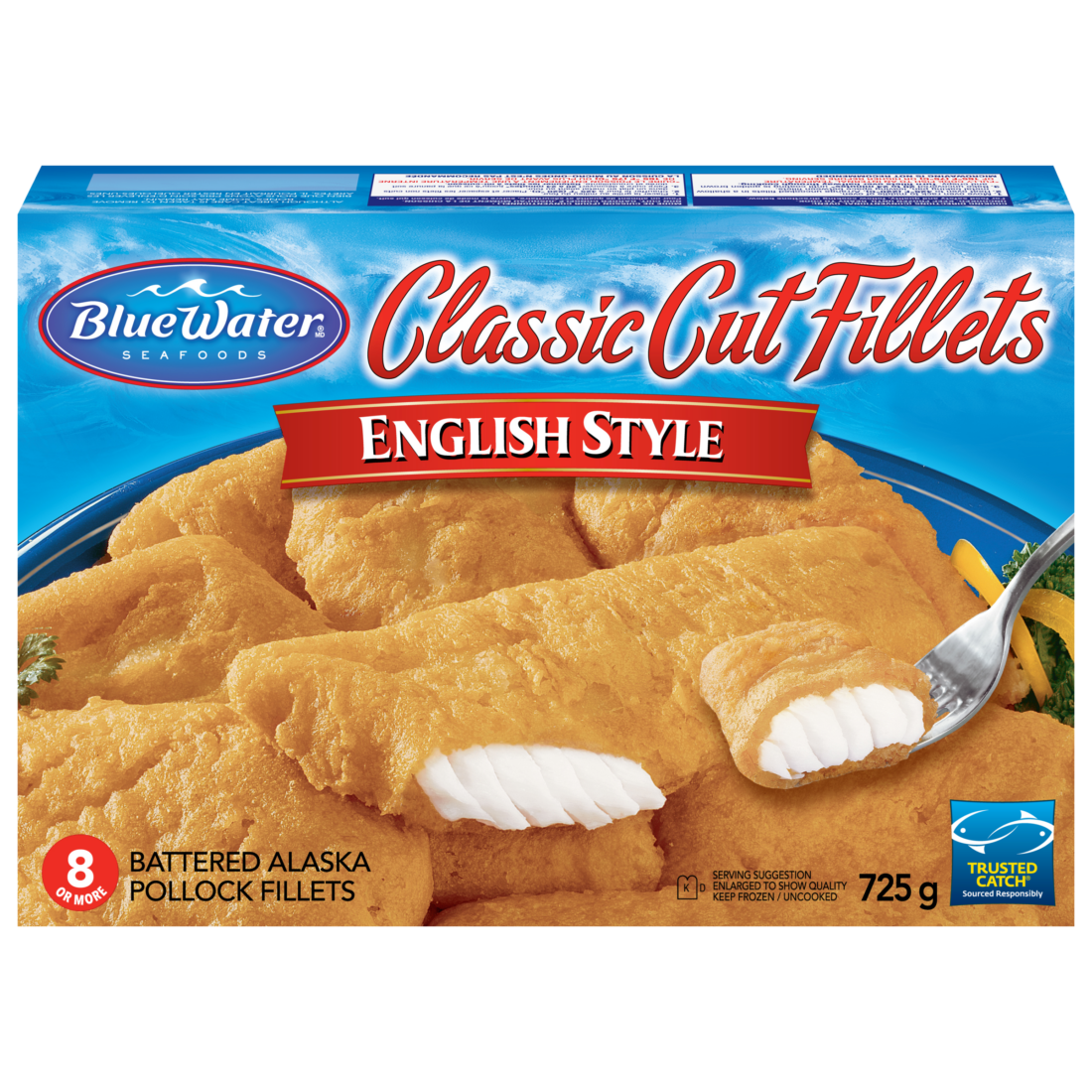 BlueWater Seafoods English Style Classic Cut Fillets, Wild Caught Pollock, Frozen, 8 Count, 725 g Package