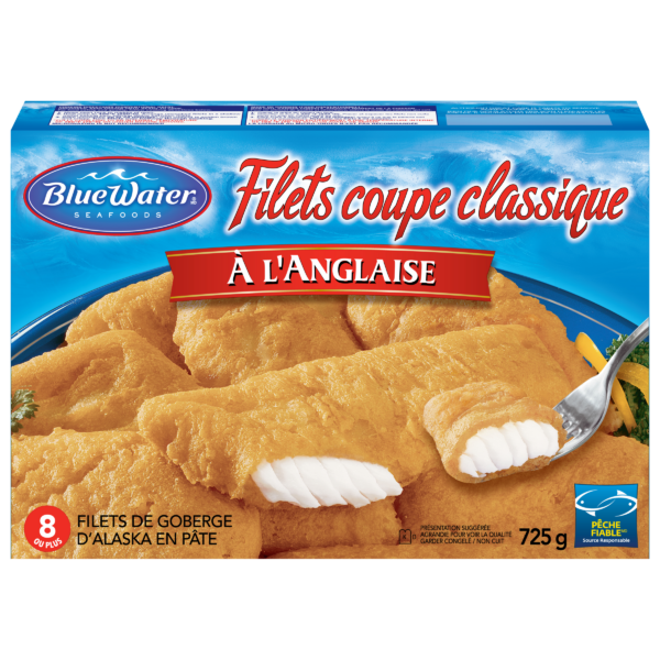 Filets de goberge sauvage de style anglais BlueWater Seafoods, coupe classique, surgelés, 8 unités, emballage de 725 g