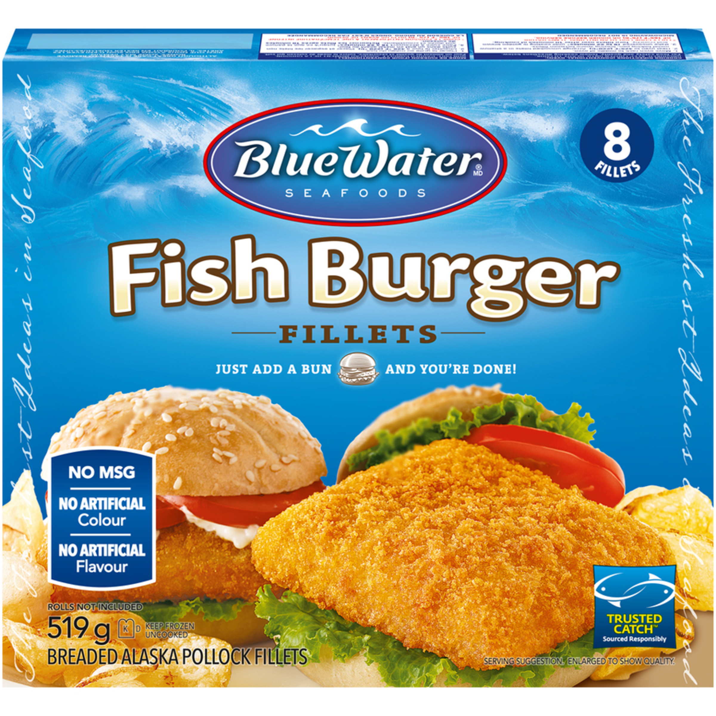 BlueWater Seafoods Breaded Fish Sandwich, Wild Caught Alaskan Pollock, Frozen, 8 Count, 519 g Package