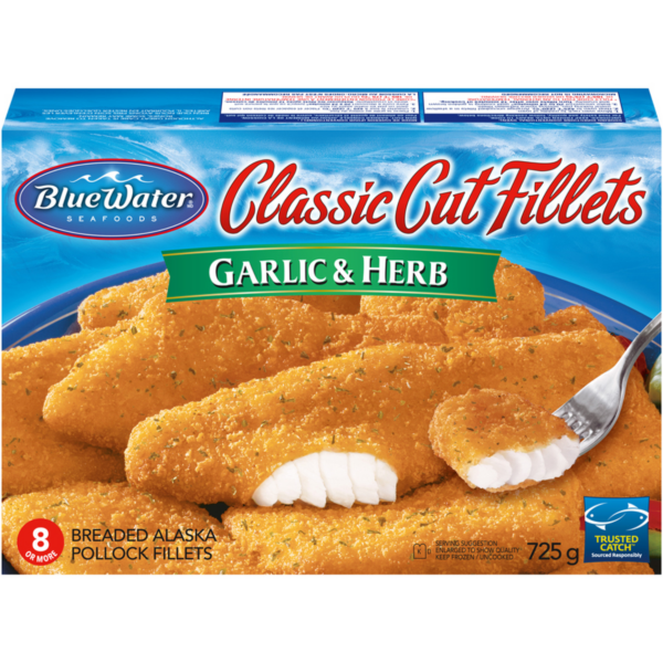 BlueWater Seafoods Garlic and Herb Classic Cut Fillets, Wild Caught Pollock, Frozen, 8 Count, 725 g Package