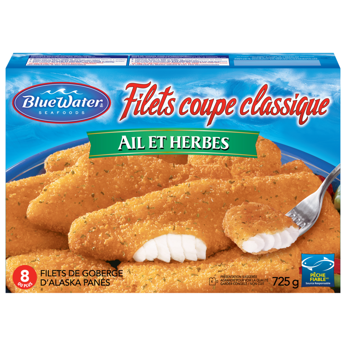 Filets de goberge sauvage coupés en morceaux classiques à l'ail et aux fines herbes de BlueWater Seafoods, surgelés, 8 unités, emballage de 725 g