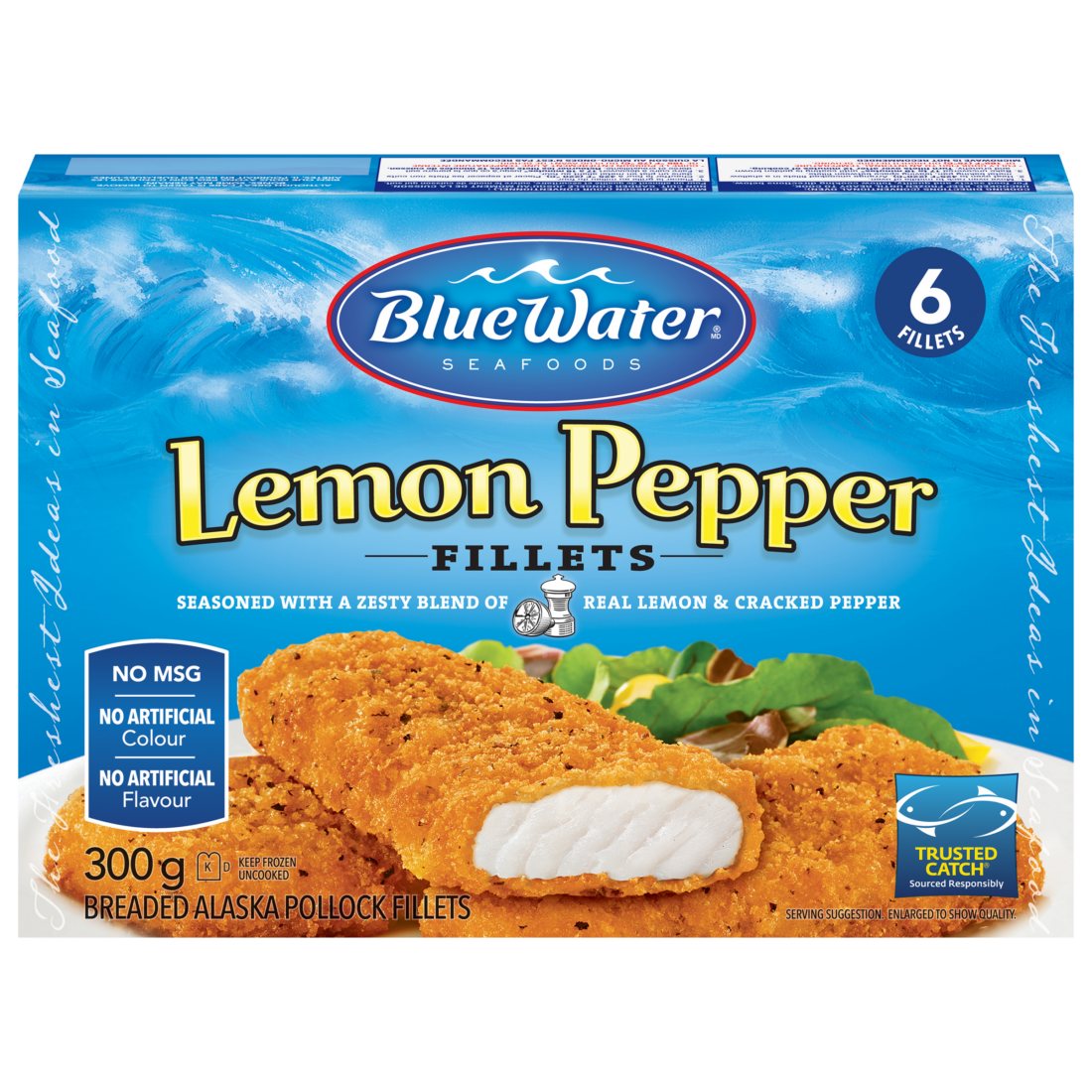 BlueWater Seafoods Lemon Pepper Artisan Fish, Whole Fillets, Wild Caught Pollock with Panko Breadcrumbs, Frozen, 6 Count, 300 g Package