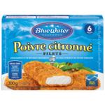 Filets entiers de poisson artisanal au poivre et au citron de BlueWater Seafoods, colin sauvage pêché avec chapelure panko, surgelé, 6 unités, paquet de 300 g