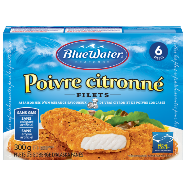 Filets entiers de poisson artisanal au poivre et au citron de BlueWater Seafoods, colin sauvage pêché avec chapelure panko, surgelé, 6 unités, paquet de 300 g