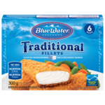 BlueWater Seafoods Traditional Breaded Fish Whole Fillets, Wild Caught Fish with Crunchy Panko Breadcrumbs, Frozen, 6 Count, 300 g Package