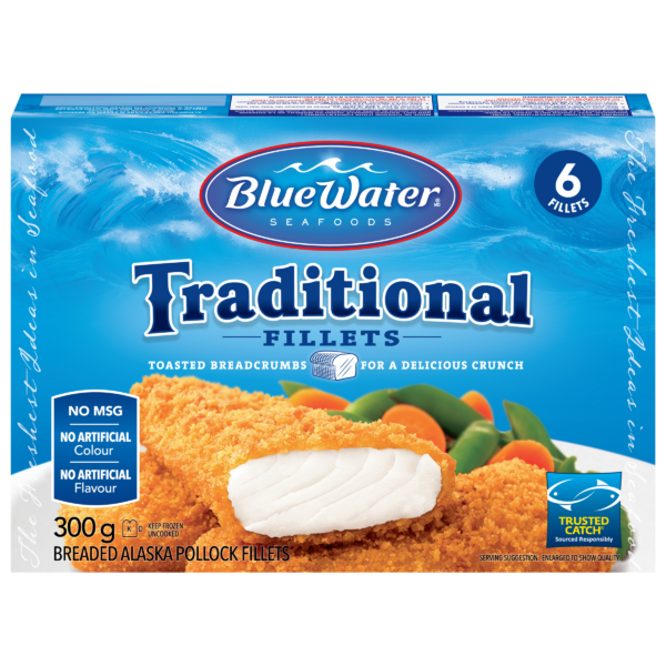 BlueWater Seafoods Traditional Breaded Fish Whole Fillets, Wild Caught Fish with Crunchy Panko Breadcrumbs, Frozen, 6 Count, 300 g Package