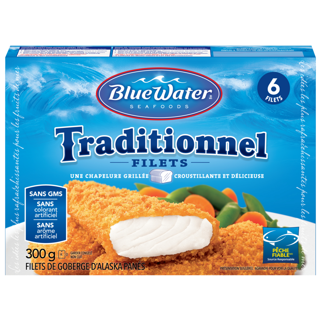 Filets entiers de poisson panés traditionnels BlueWater Seafoods, poisson sauvage avec chapelure panko croquante, surgelés, 6 unités, paquet de 300 g