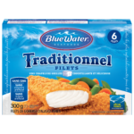 Filets entiers de poisson panés traditionnels BlueWater Seafoods, poisson sauvage avec chapelure panko croquante, surgelés, 6 unités, paquet de 300 g