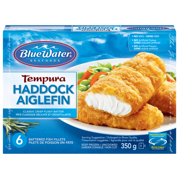 BlueWater Seafoods Tempura Haddock Fish Fillets, Wild Caught Haddock, Frozen, 6 Count, 350 g Package / Filets d'aiglefin Tempura BlueWater Seafoods, Aiglefin sauvage, Congelé, 6 morceaux, Emballage de 350 g