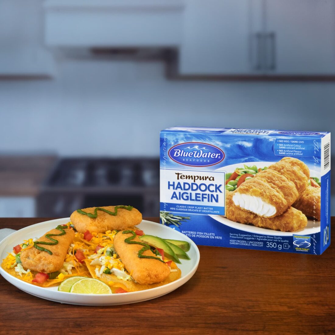 Plate of Haddock Tempura Fish Fillets presented next to packaging