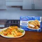 Plate of Haddock Tempura Fish Fillets presented next to packaging