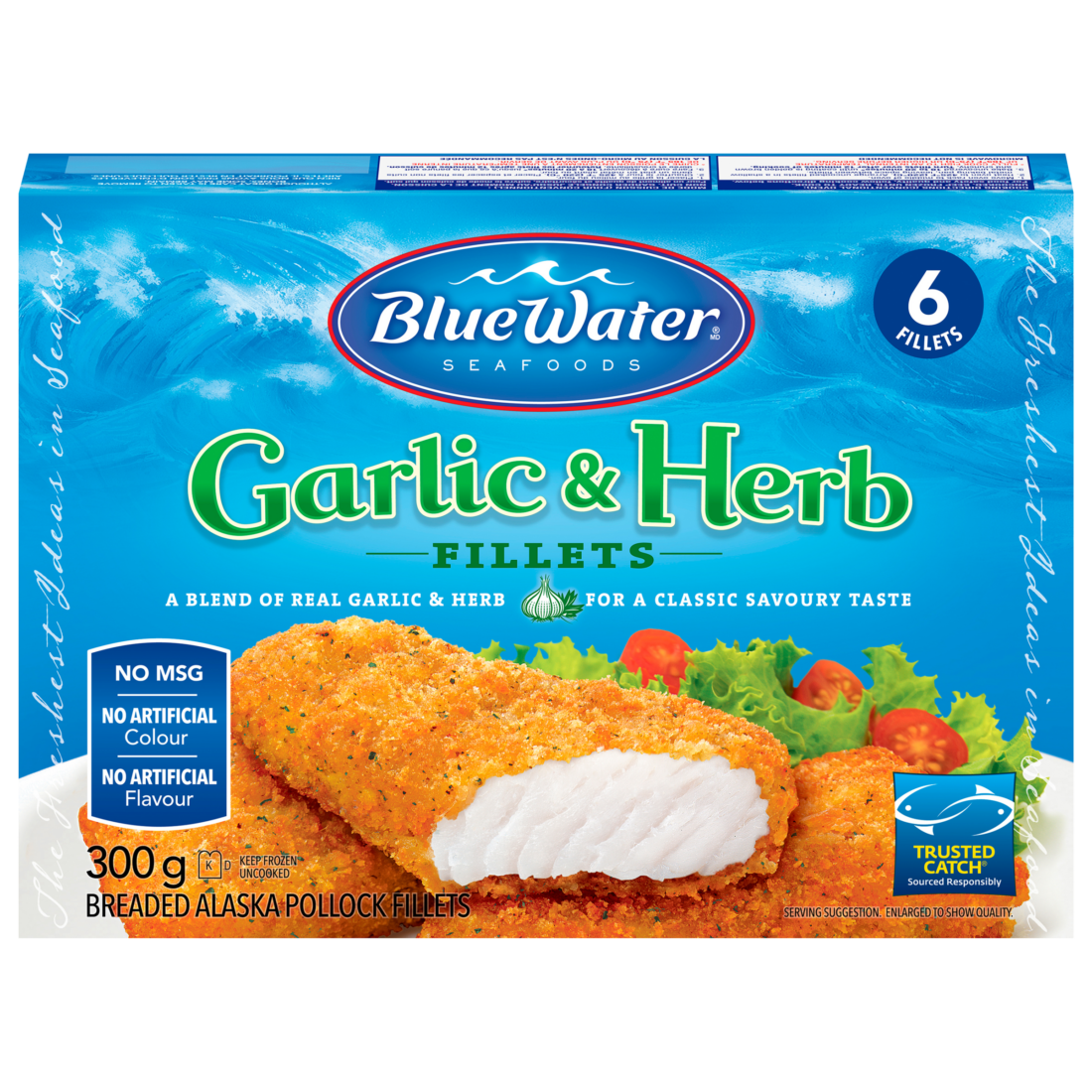 BlueWater Seafoods Garlic & Italian Herb Artisan Fish, Whole Fillets, Wild Caught Fish, Frozen, 6 Count, 300 g Package