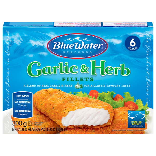 BlueWater Seafoods Garlic & Italian Herb Artisan Fish, Whole Fillets, Wild Caught Fish, Frozen, 6 Count, 300 g Package