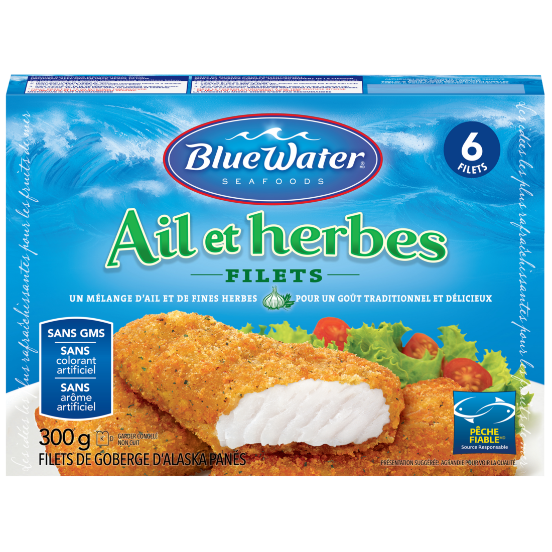 Filets de poisson artisanaux à l'ail et aux herbes italiennes de BlueWater Seafoods, poissons sauvages pêchés en filets entiers, congelés, 6 unités, paquet de 300 g