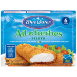 Filets de poisson artisanaux à l'ail et aux herbes italiennes de BlueWater Seafoods, poissons sauvages pêchés en filets entiers, congelés, 6 unités, paquet de 300 g