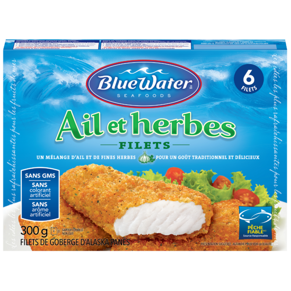 Filets de poisson artisanaux à l'ail et aux herbes italiennes de BlueWater Seafoods, poissons sauvages pêchés en filets entiers, congelés, 6 unités, paquet de 300 g