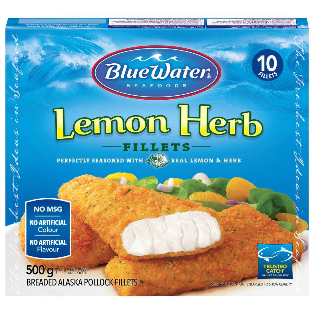 BlueWater Seafoods Lemon Herb Fish, Wild Caught Pollock, Frozen, 10 Count, 500 g Package