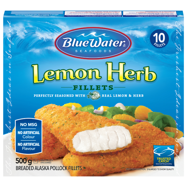 BlueWater Seafoods Lemon Herb Fish, Wild Caught Pollock, Frozen, 10 Count, 500 g Package